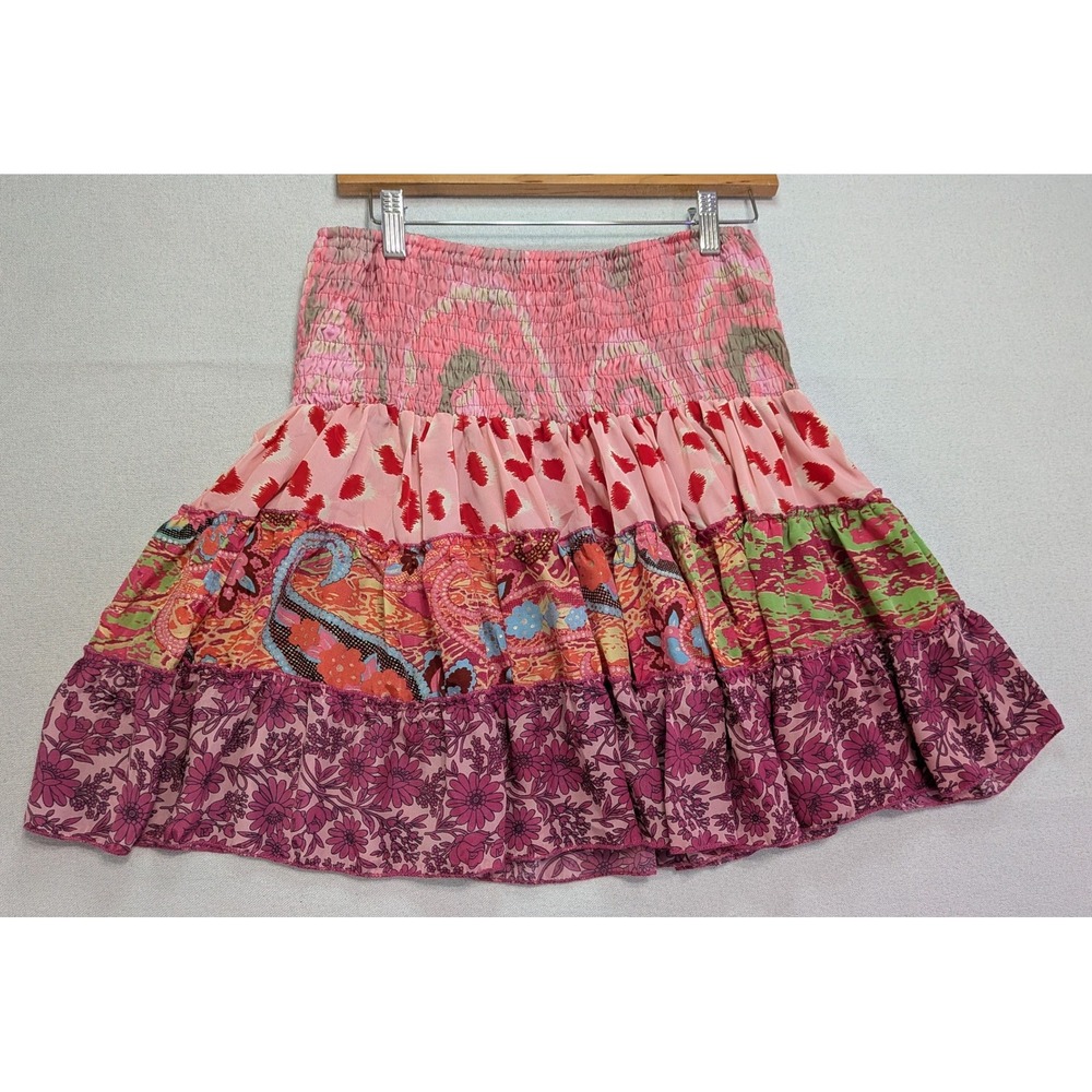 Earthbound Trading Co Mini Skirt Womens XL Pink Multi Boho Tiered Smock
